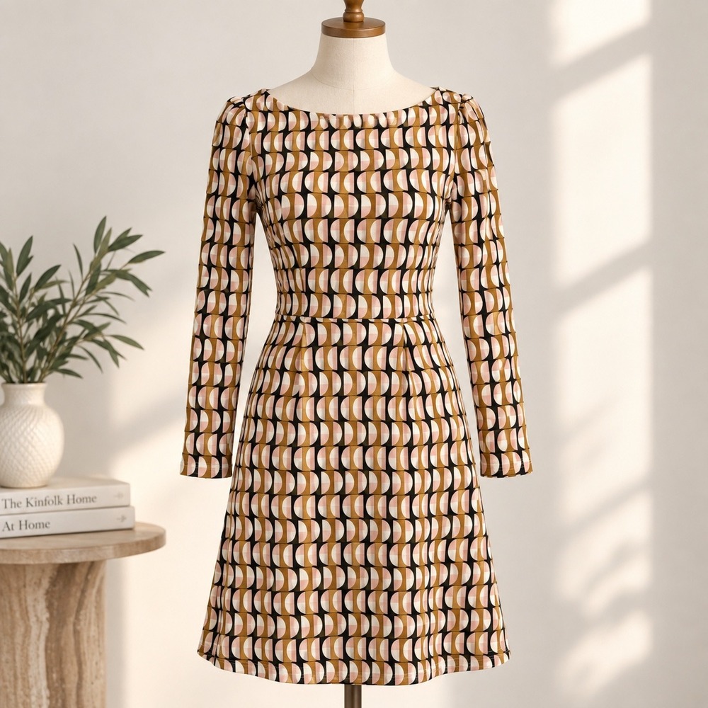 Boden Geometric Print Dress Size 6 Retro Mod Autumn Chic Fit Flare Long Sleeve